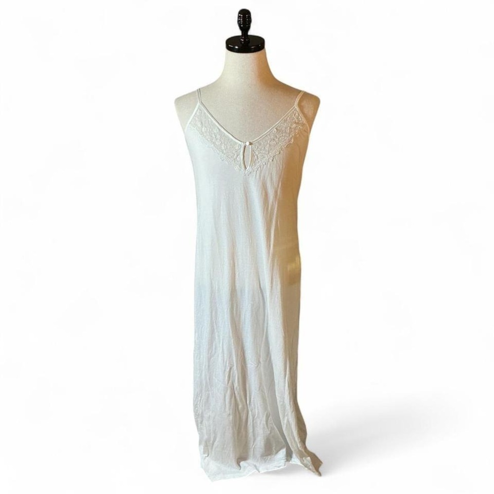 VTG PLUTO White Lace Trim‎ Nightgown Slip Dress Maxi Spaghetti Strap Size 40